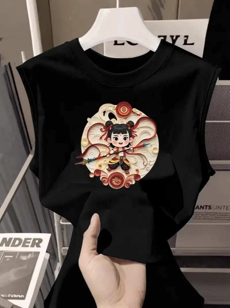 100% Cotton Nezha Cartoon T-Shirt Black Kids Girls