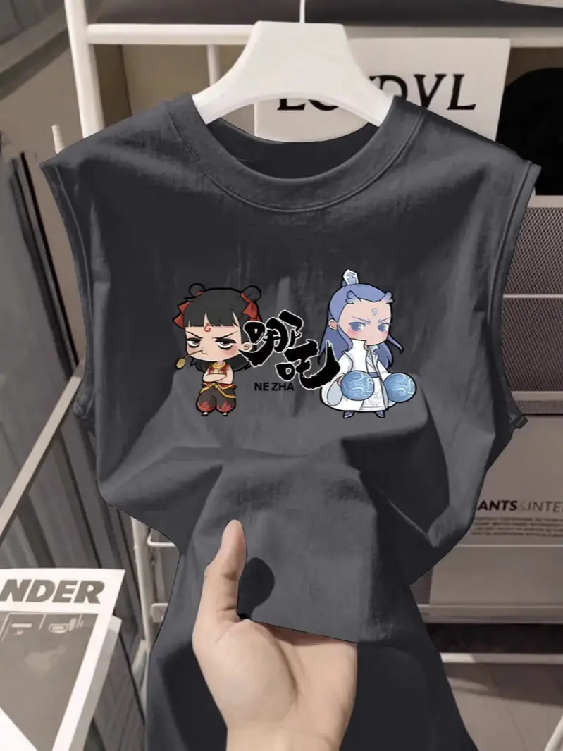 100% Cotton Nezha Cartoon T-Shirt Black Kids Girls