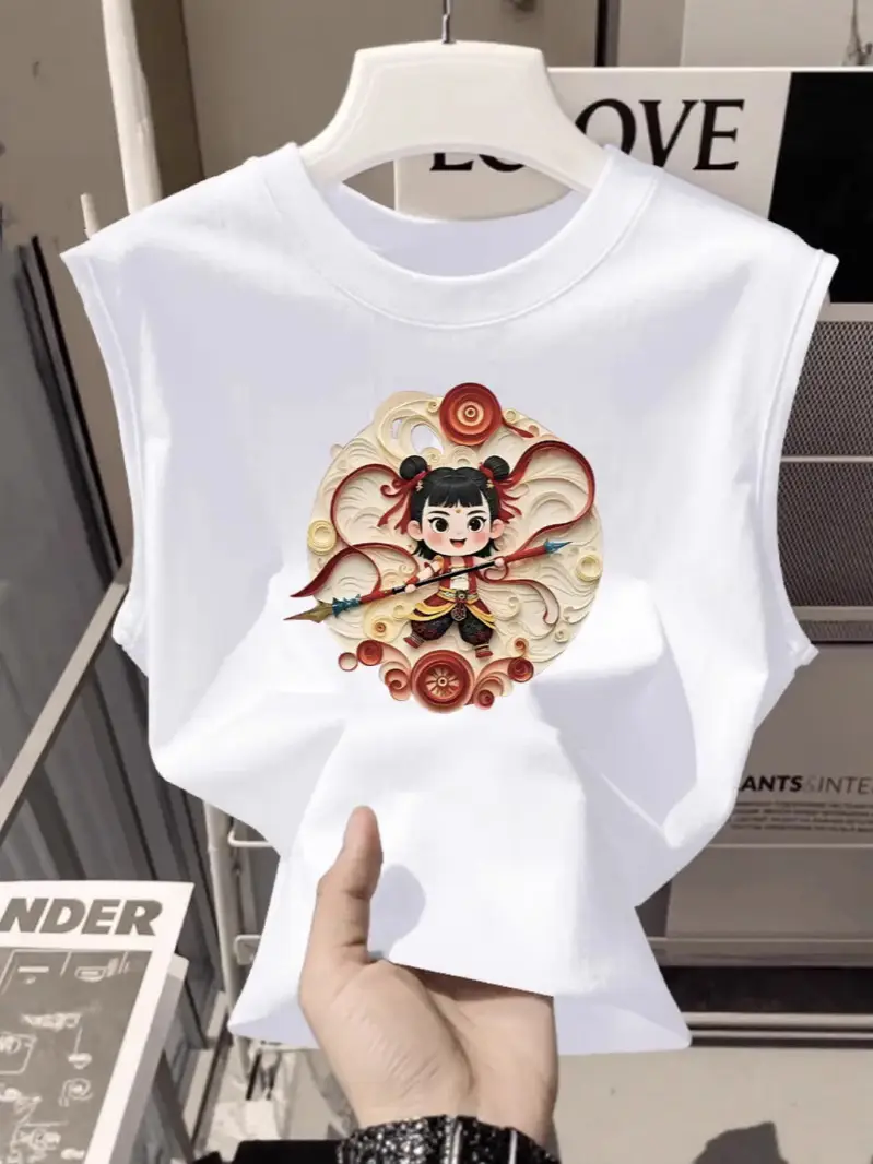 100% Cotton Nezha Cartoon T-Shirt Black Kids Girls