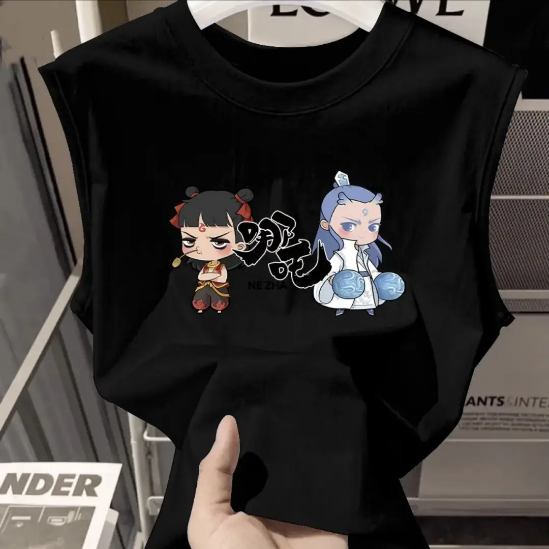 100% Cotton Nezha Cartoon T-Shirt Black Kids Girls — feature 31