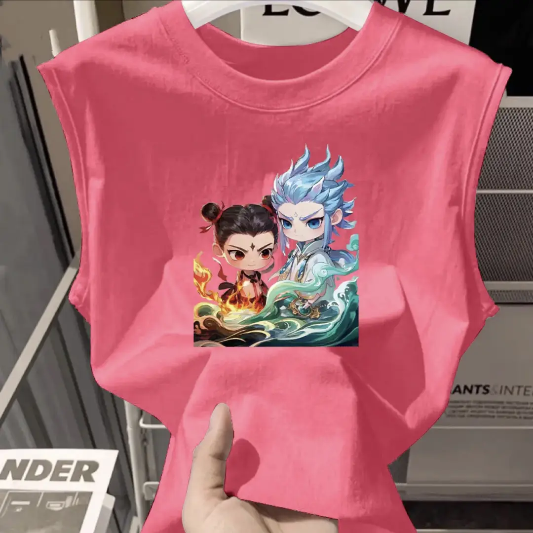 100% Cotton Nezha Cartoon T-Shirt Black Kids Girls