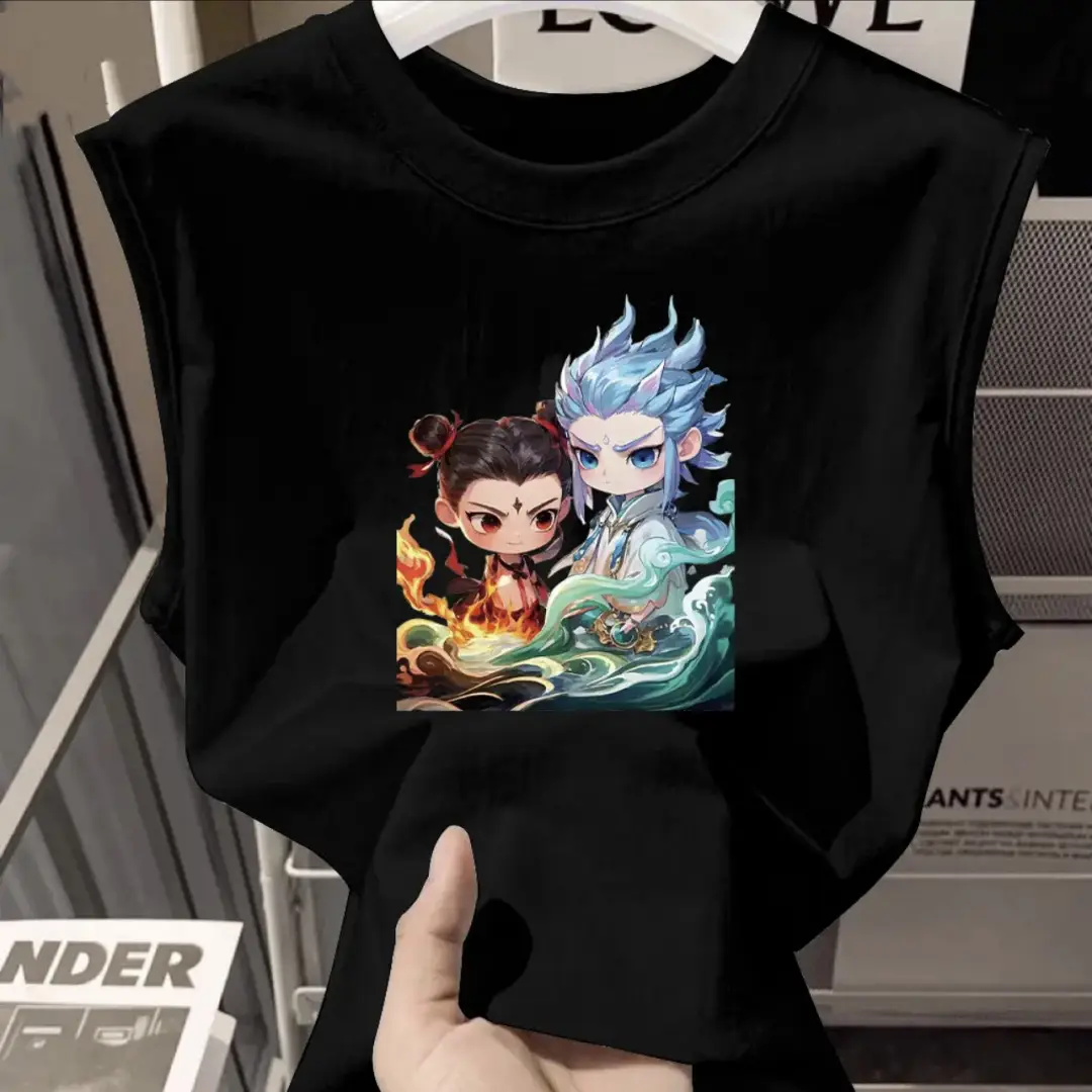 100% Cotton Nezha Cartoon T-Shirt Black Kids Girls