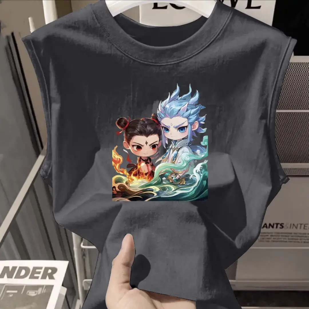 100% Cotton Nezha Cartoon T-Shirt Black Kids Girls