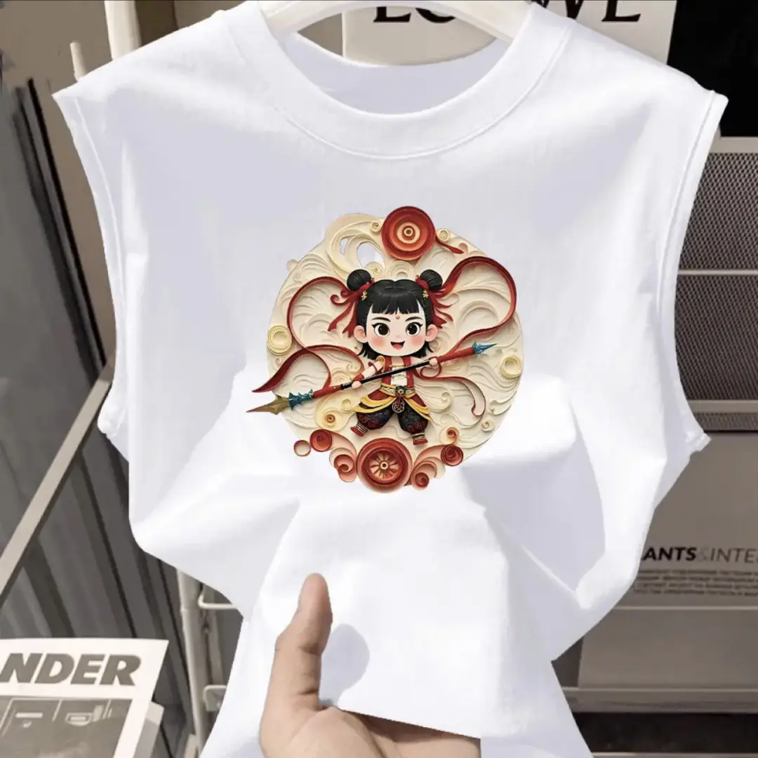 100% Cotton Nezha Cartoon T-Shirt Black Kids Girls