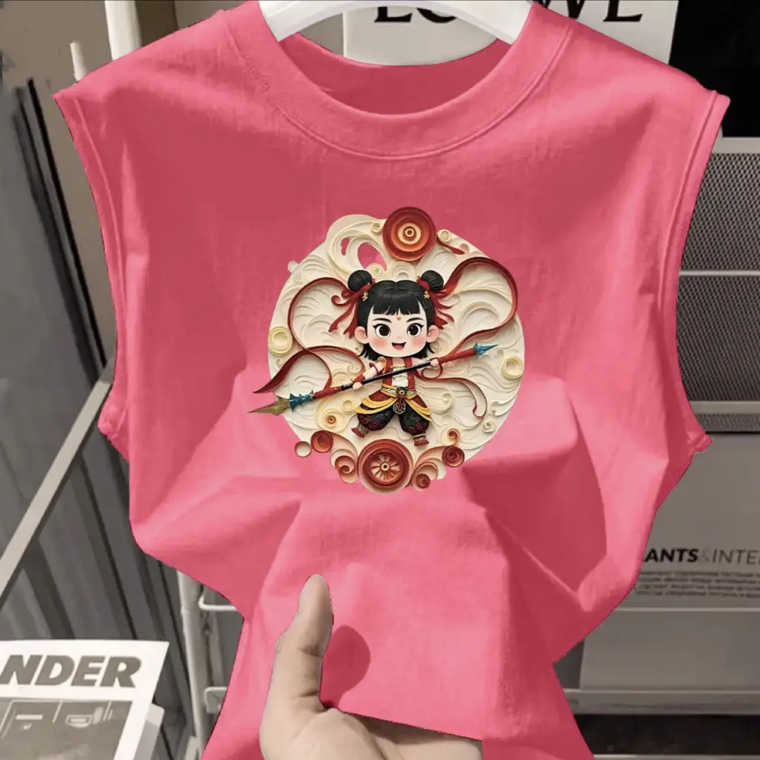 100% Cotton Nezha Cartoon T-Shirt Black Kids Girls