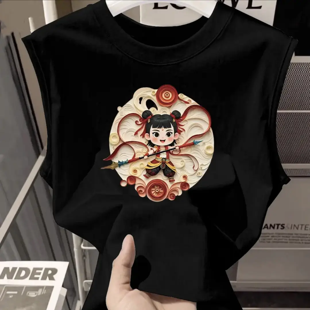 100% Cotton Nezha Cartoon T-Shirt Black Kids Girls