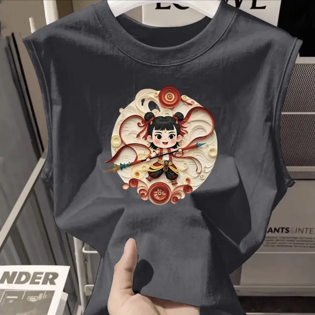 100% Cotton Nezha Cartoon T-Shirt Black Kids Girls