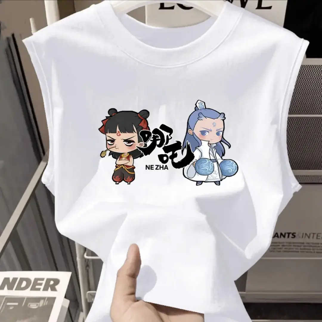 100% Cotton Nezha Cartoon T-Shirt Black Kids Girls
