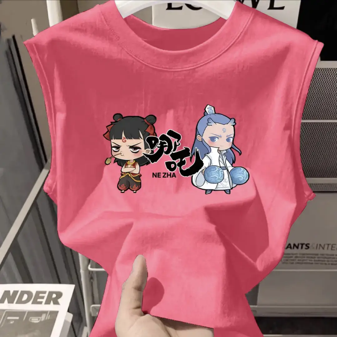 100% Cotton Nezha Cartoon T-Shirt Black Kids Girls