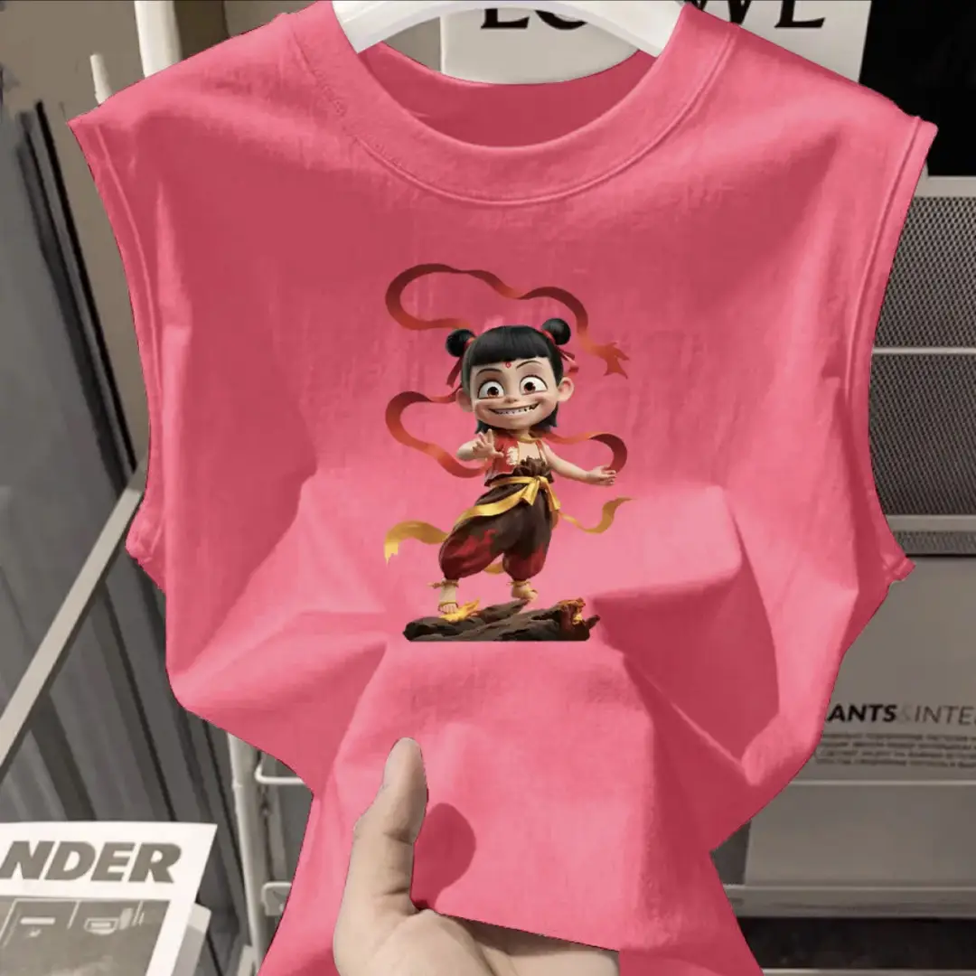 100% Cotton Nezha Cartoon T-Shirt Black Kids Girls
