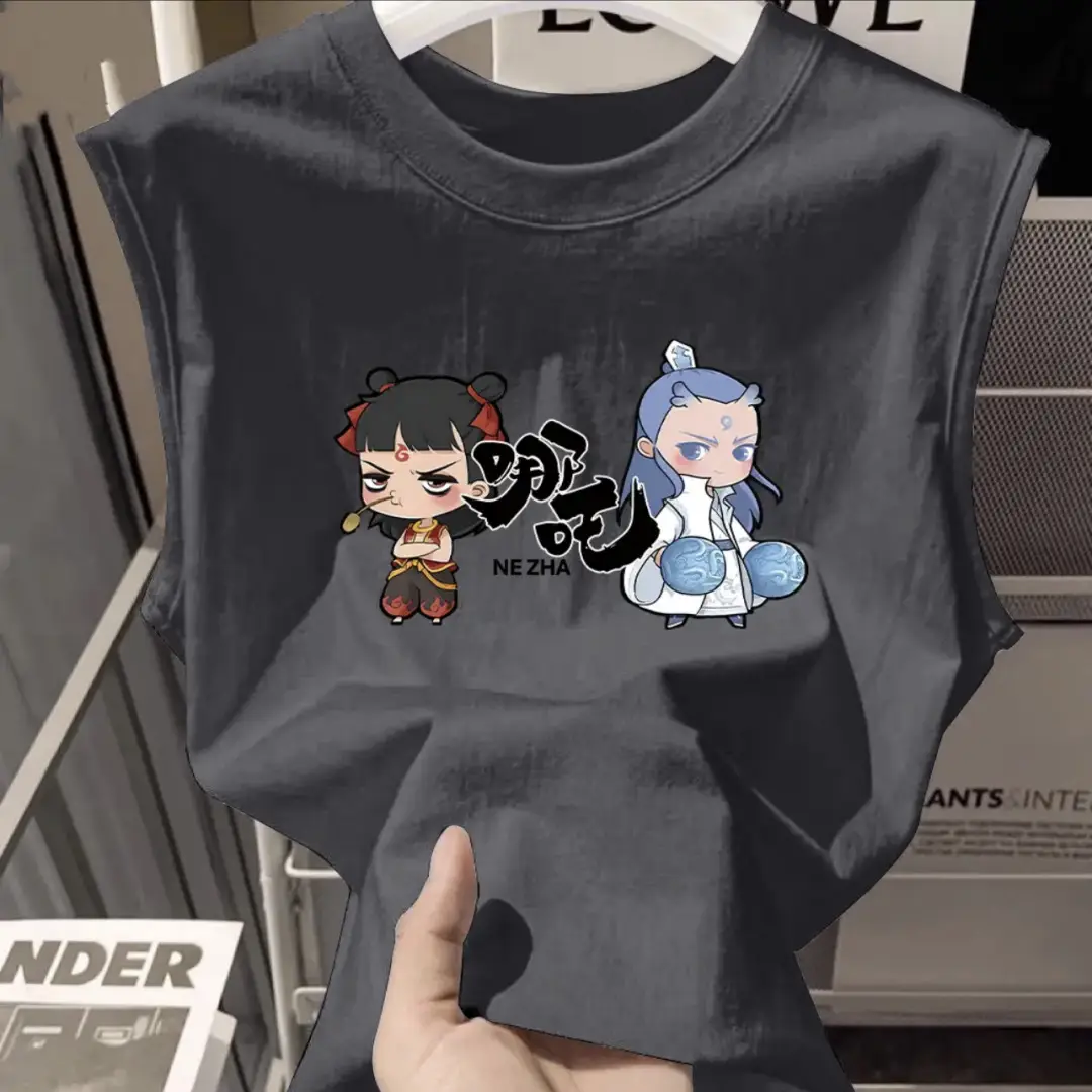 100% Cotton Nezha Cartoon T-Shirt Black Kids Girls