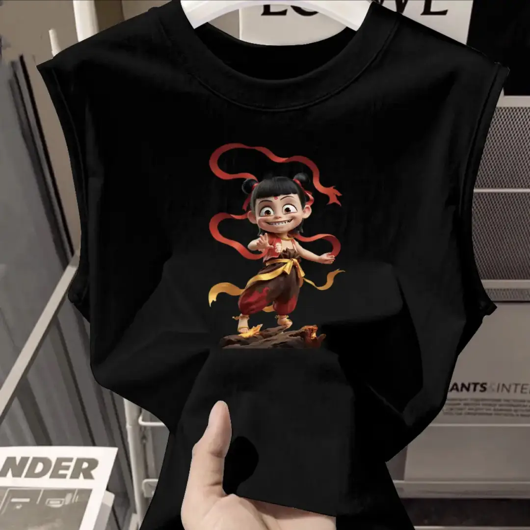 100% Cotton Nezha Cartoon T-Shirt Black Kids Girls