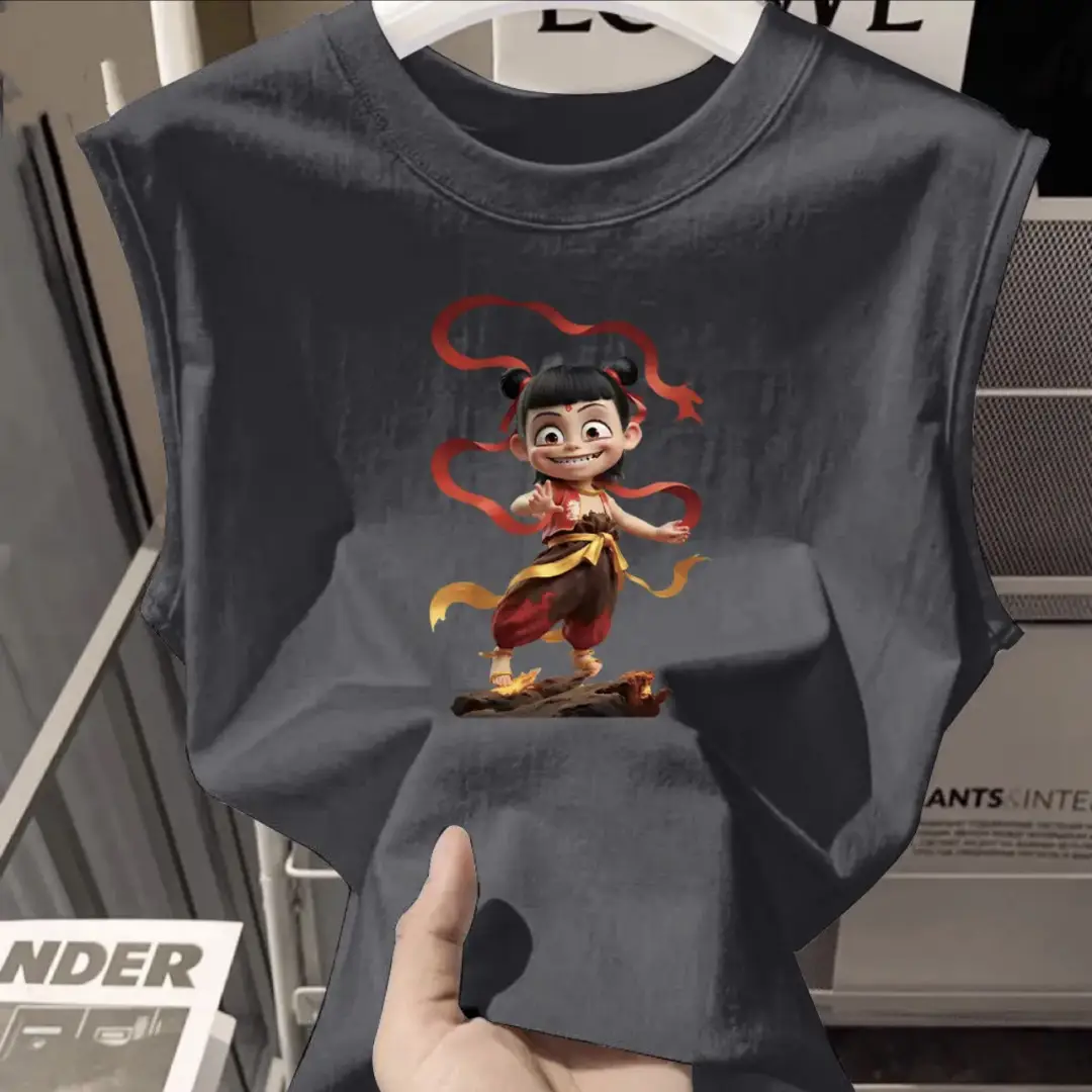 100% Cotton Nezha Cartoon T-Shirt Black Kids Girls
