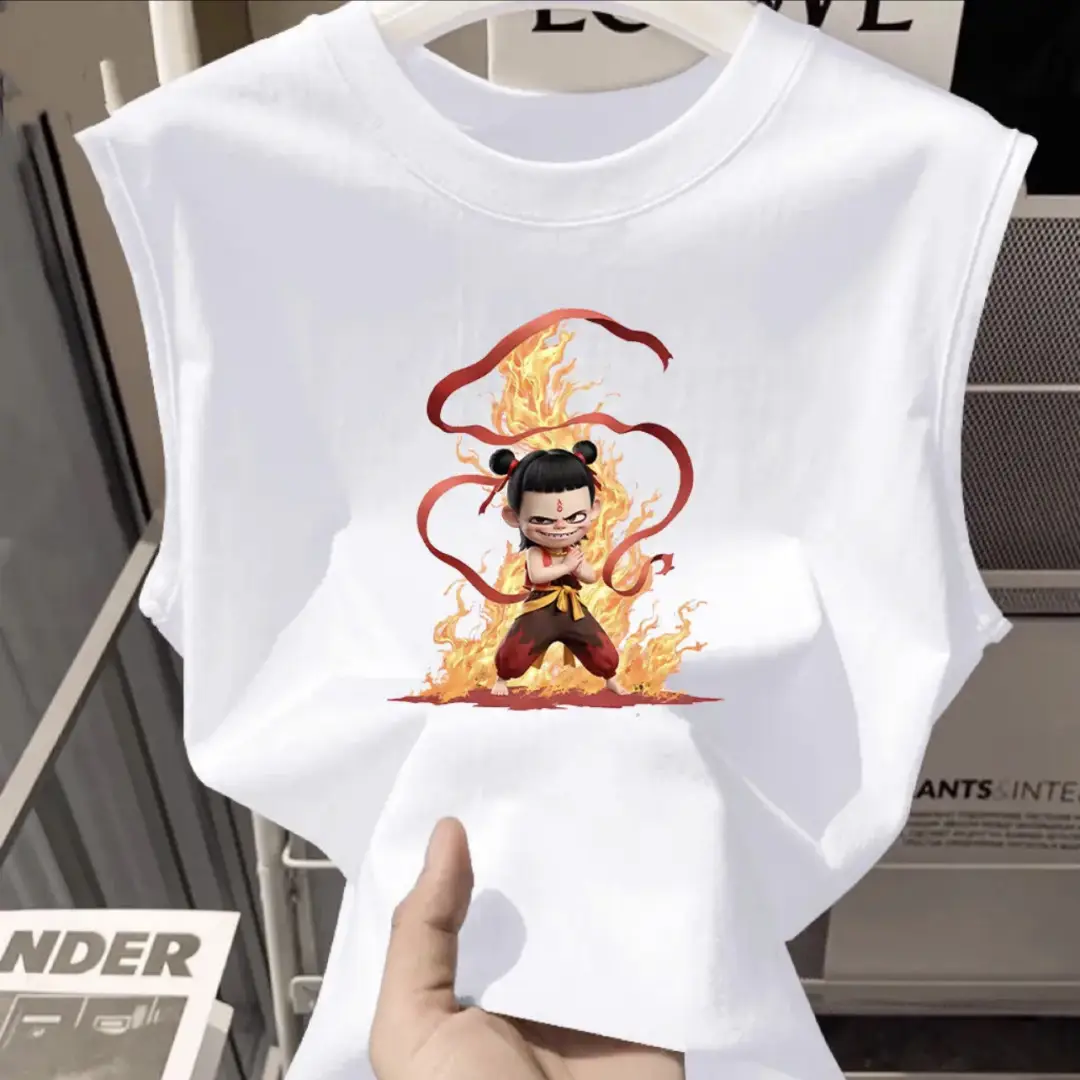 100% Cotton Nezha Cartoon T-Shirt Black Kids Girls