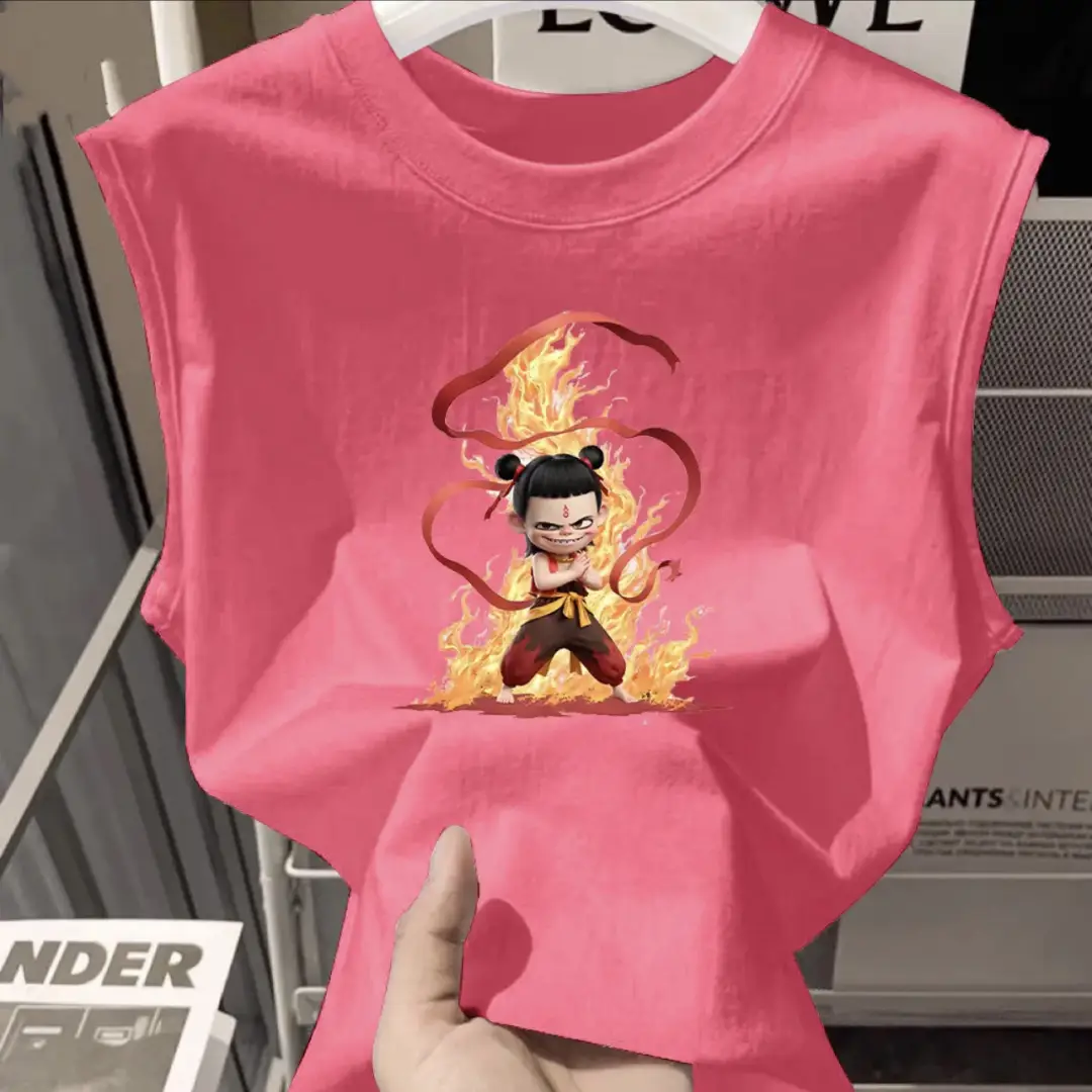 100% Cotton Nezha Cartoon T-Shirt Black Kids Girls