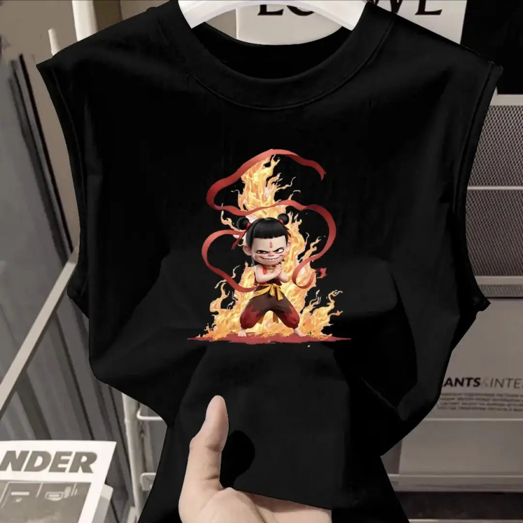 100% Cotton Nezha Cartoon T-Shirt Black Kids Girls