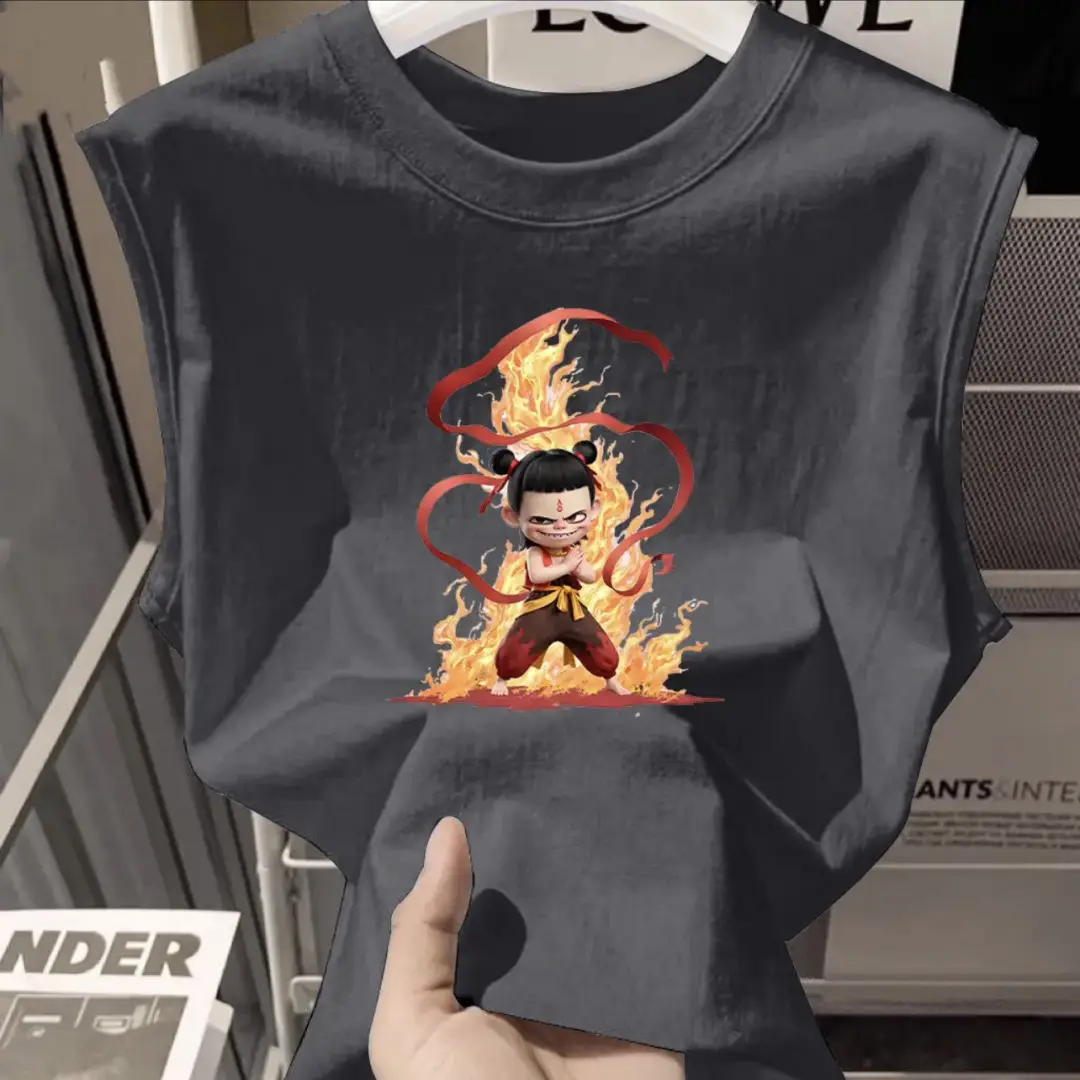 100% Cotton Nezha Cartoon T-Shirt Black Kids Girls