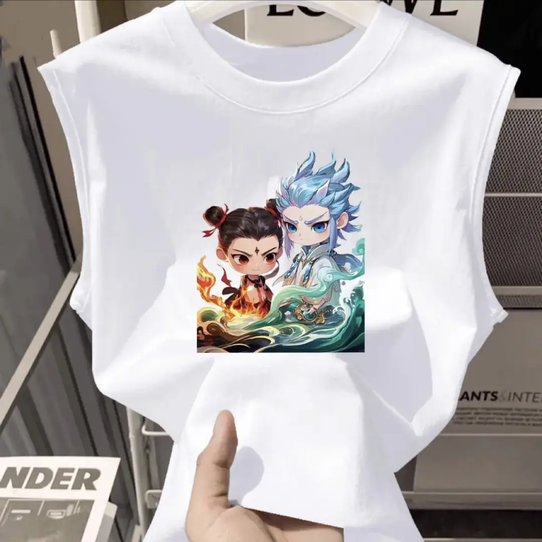 100% Cotton Nezha Cartoon T-Shirt Black Kids Girls