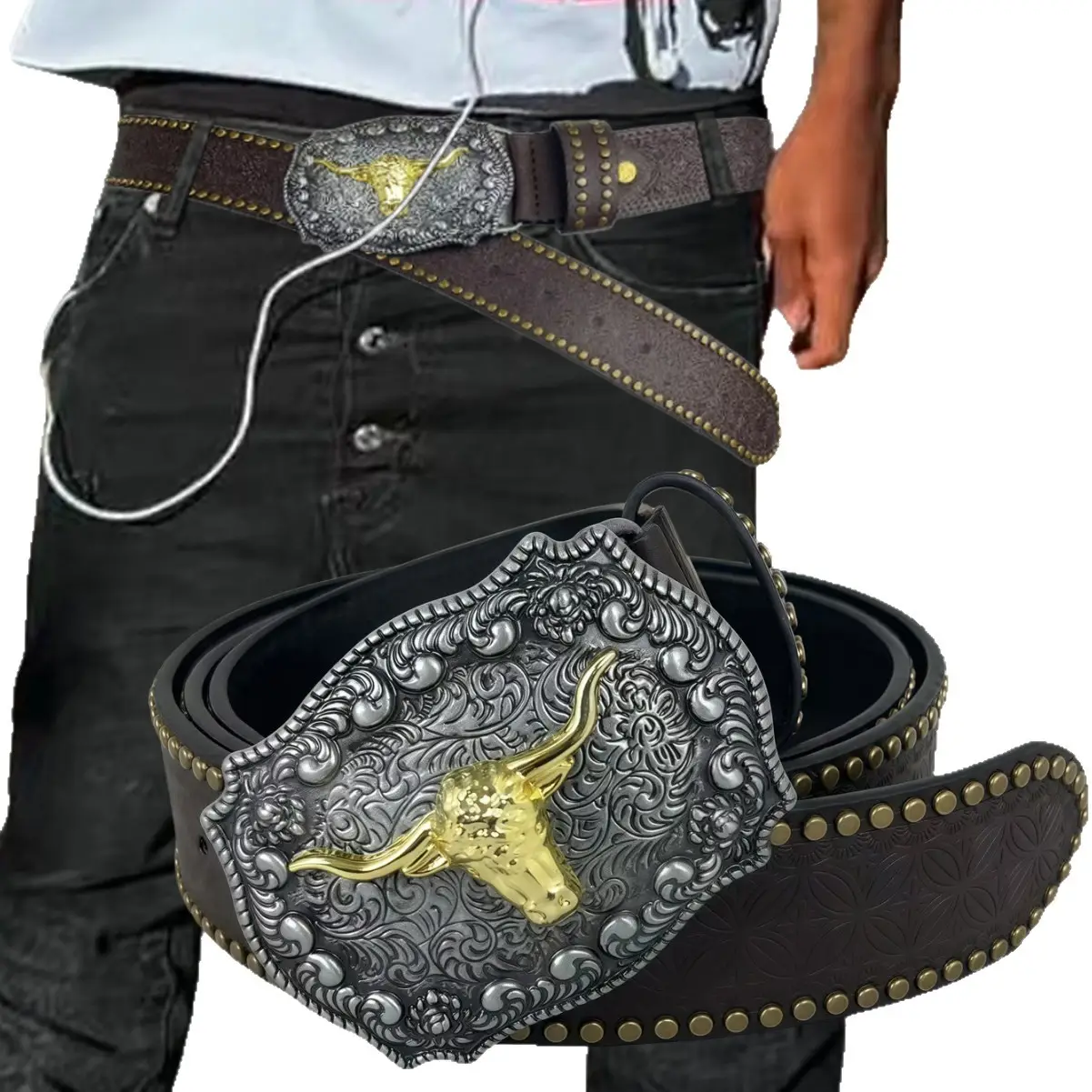 Men's Western Cowboy Belt with Cow Head Design - Image 7