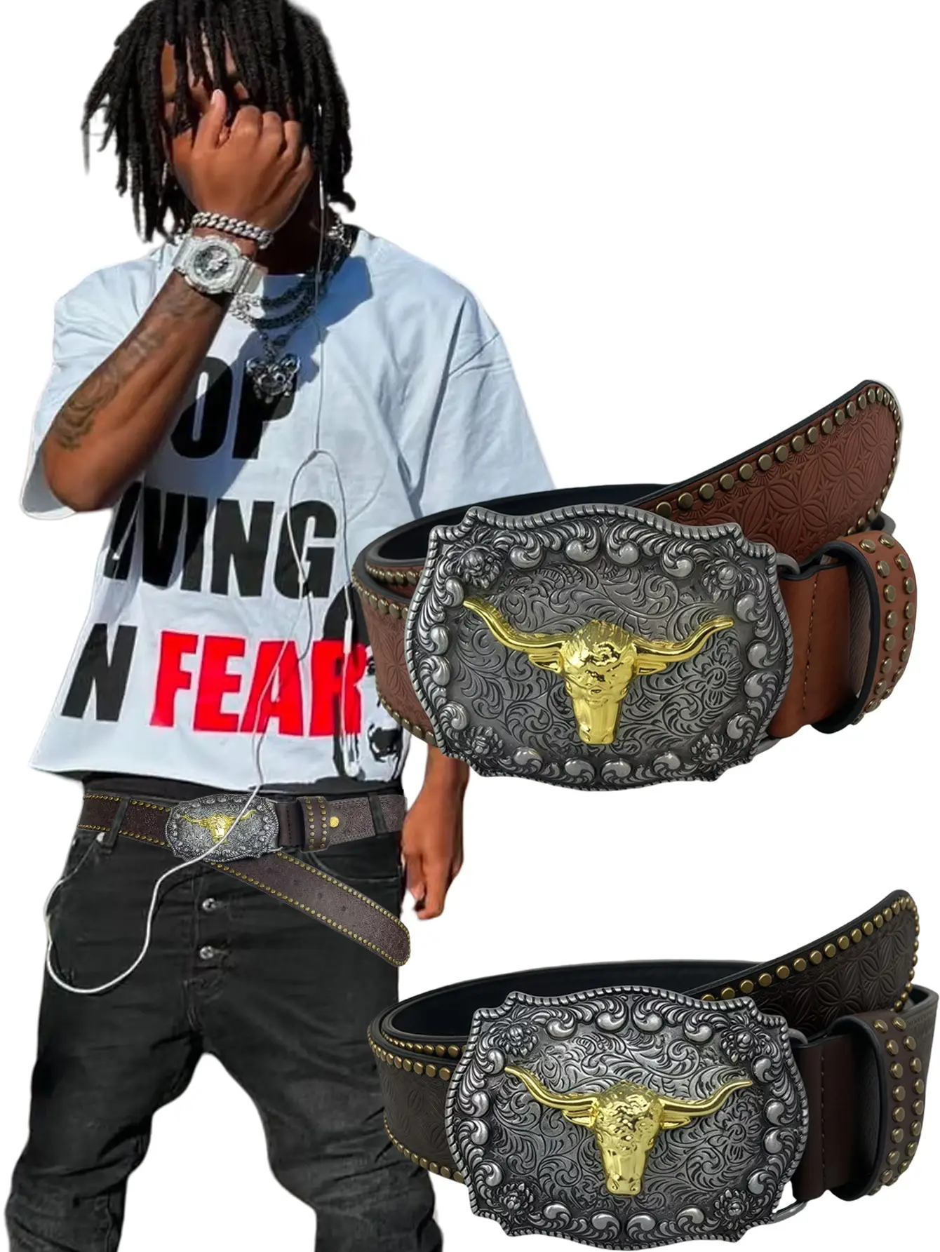 Men's Western Cowboy Belt with Cow Head Design — feature 1