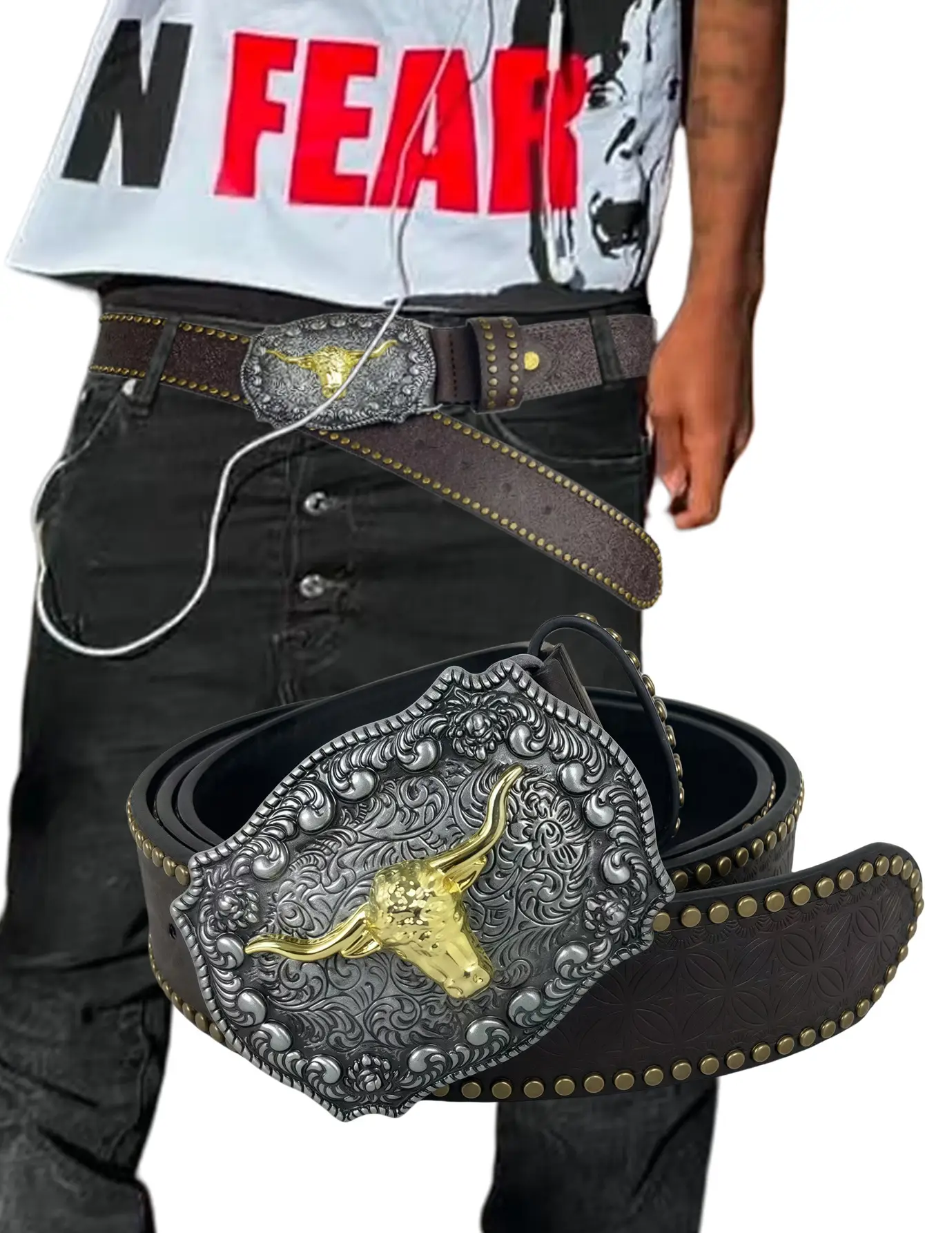 Men's Western Cowboy Belt with Cow Head Design — feature 2