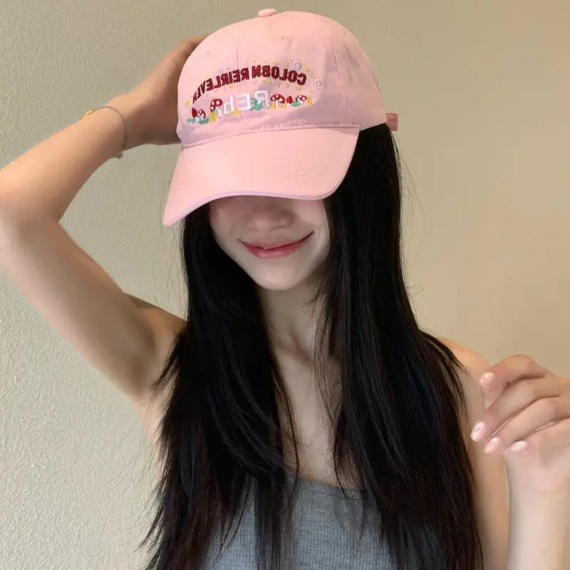 Pink Korean Style Baseball Cap for Women with Embroidery
