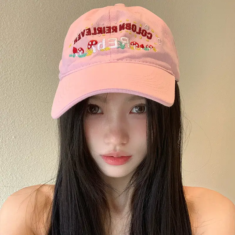 Pink Korean Style Baseball Cap for Women with Embroidery