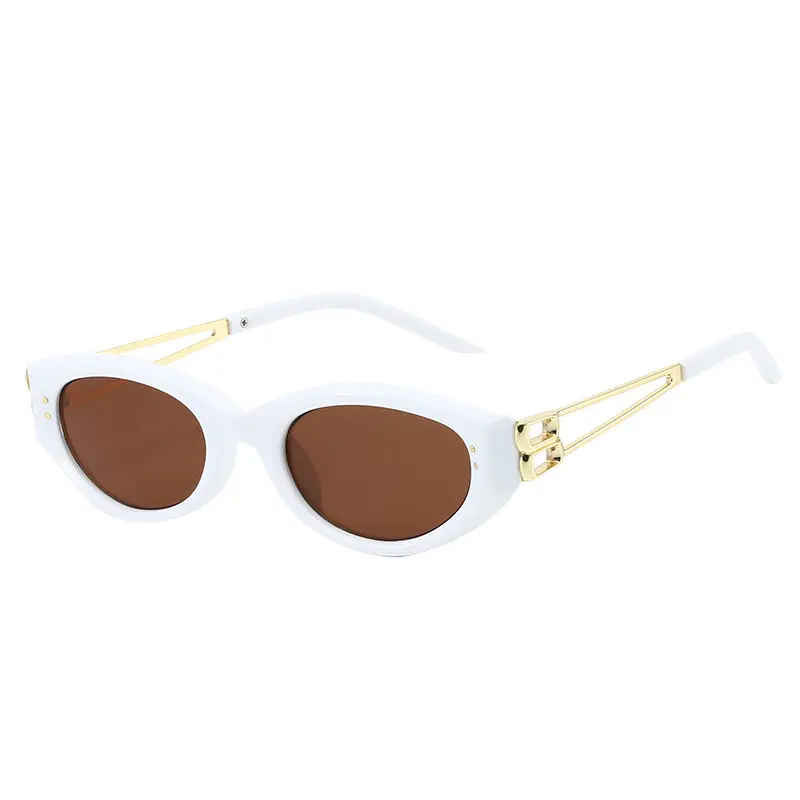 Women's Oval Cat's Eye Sunglasses White Gold Mirror Legs - Image 6