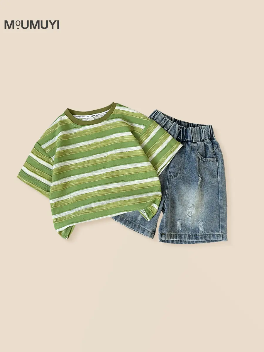 Boys Green Striped Short Sleeve Suit with Denim Shorts 2026 - Image 3