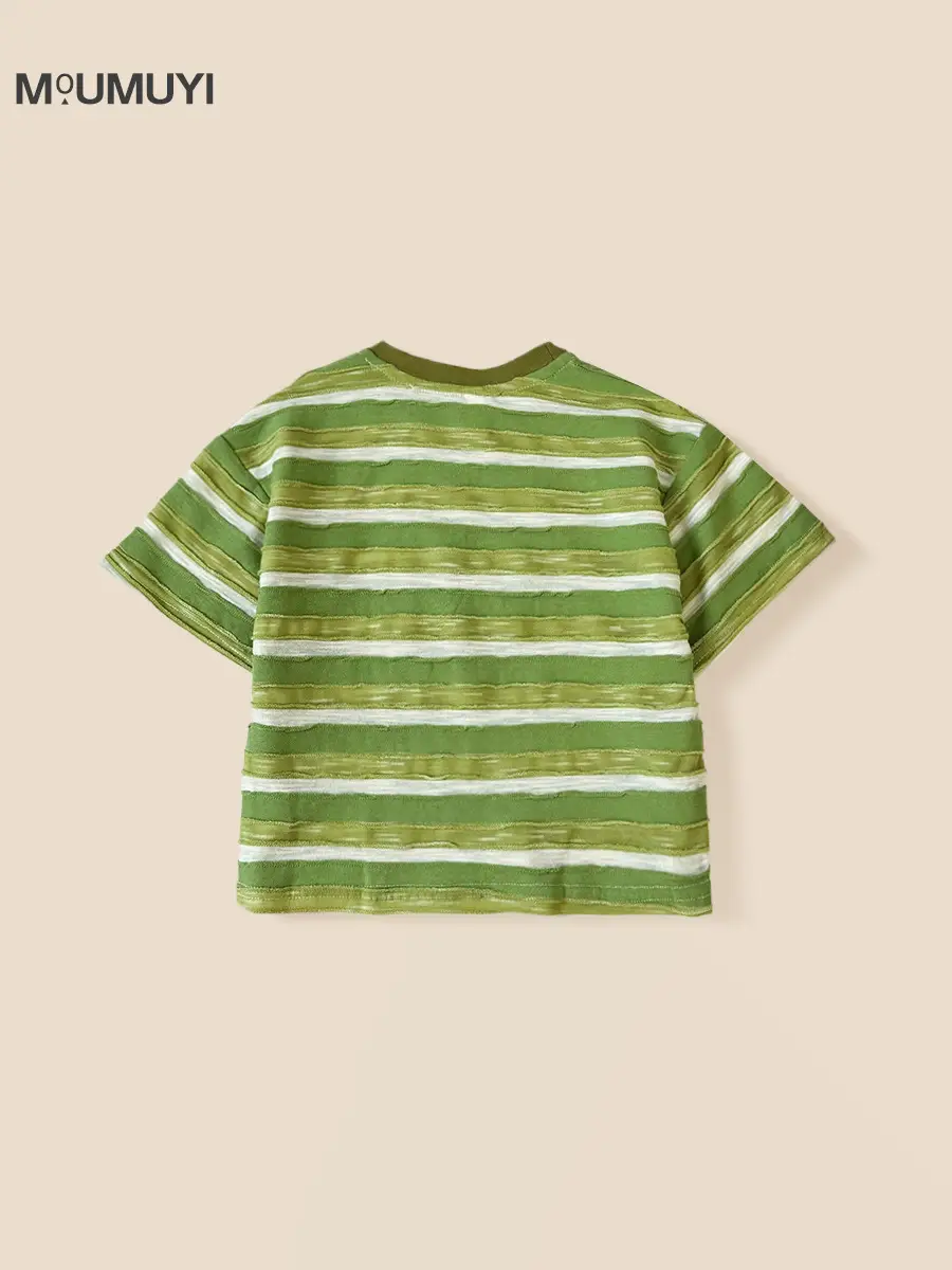 Boys Green Striped Short Sleeve Suit with Denim Shorts 2026 - Image 5