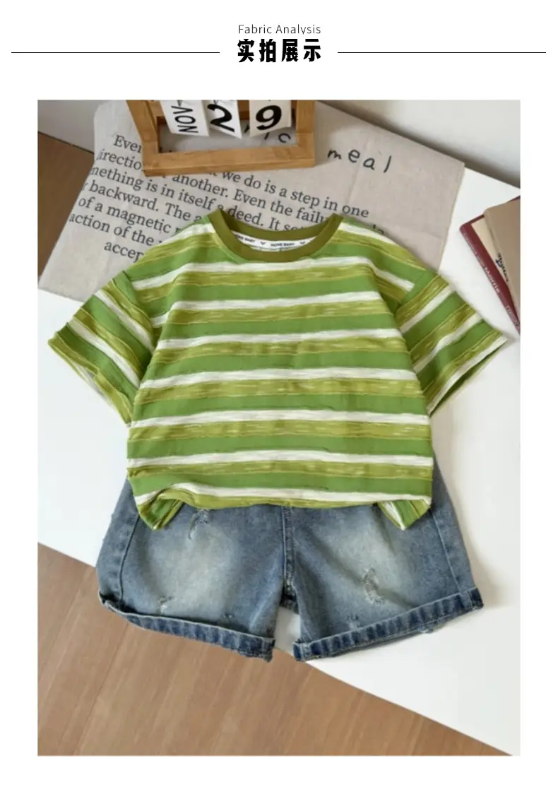 Boys Green Striped Short Sleeve Suit with Denim Shorts 2026 — feature 10