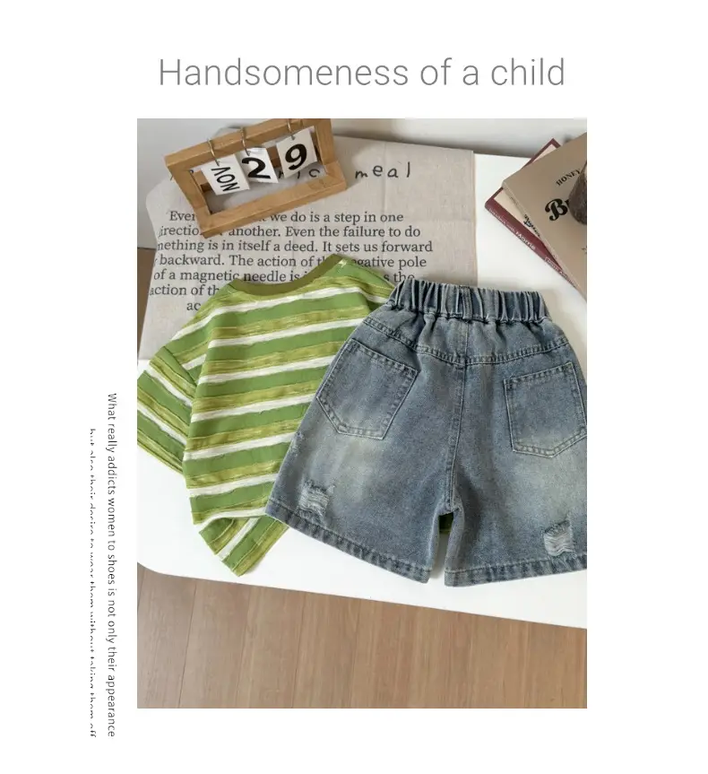 Boys Green Striped Short Sleeve Suit with Denim Shorts 2026 — feature 11