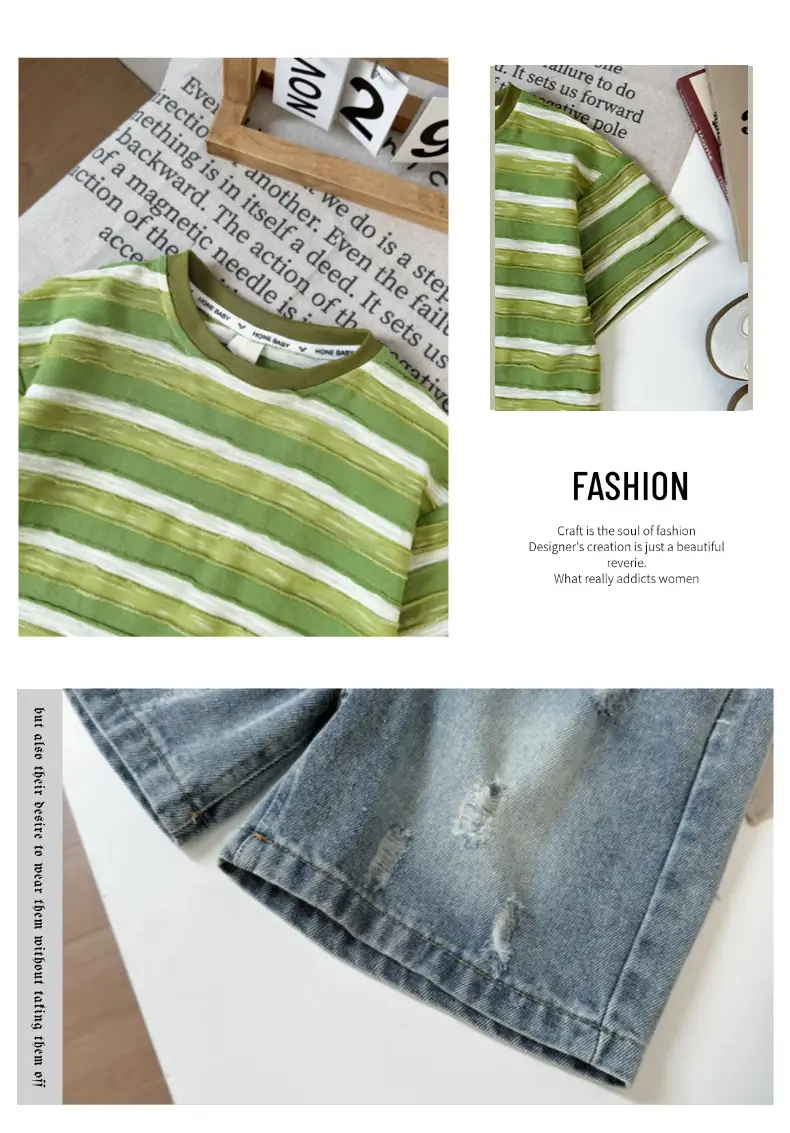 Boys Green Striped Short Sleeve Suit with Denim Shorts 2026 — feature 12