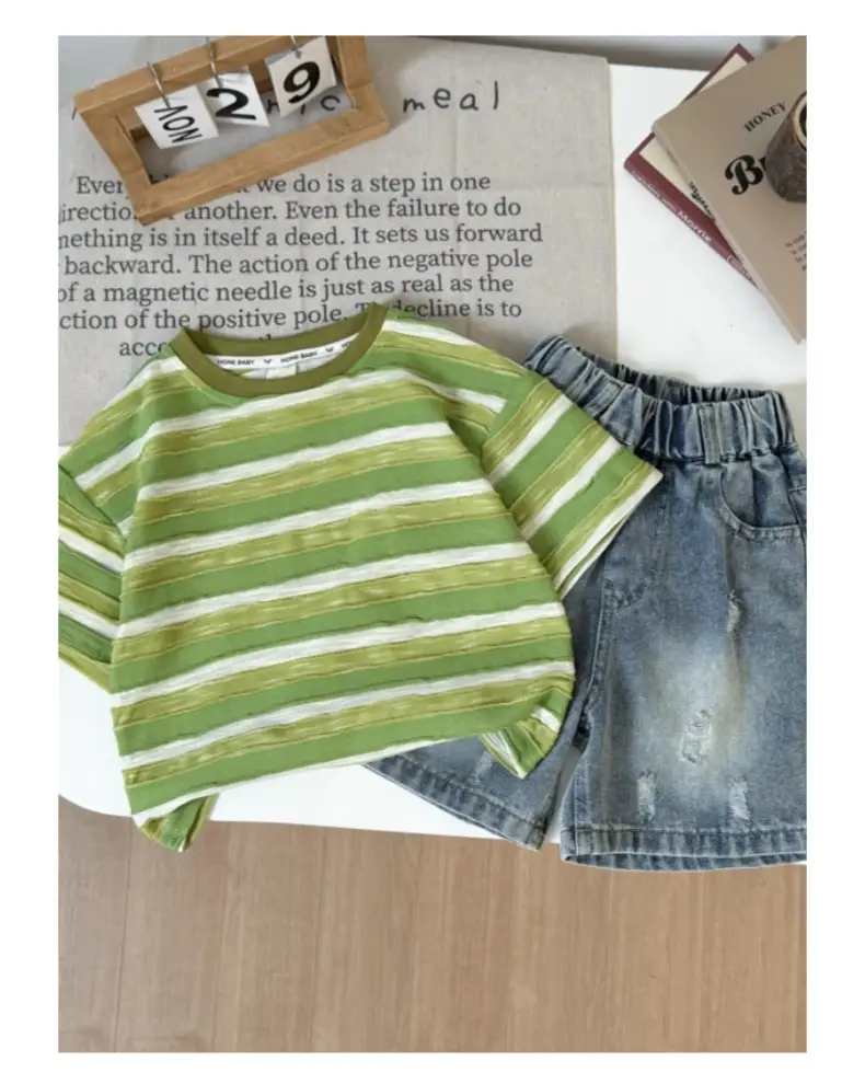 Boys Green Striped Short Sleeve Suit with Denim Shorts 2026 — feature 13