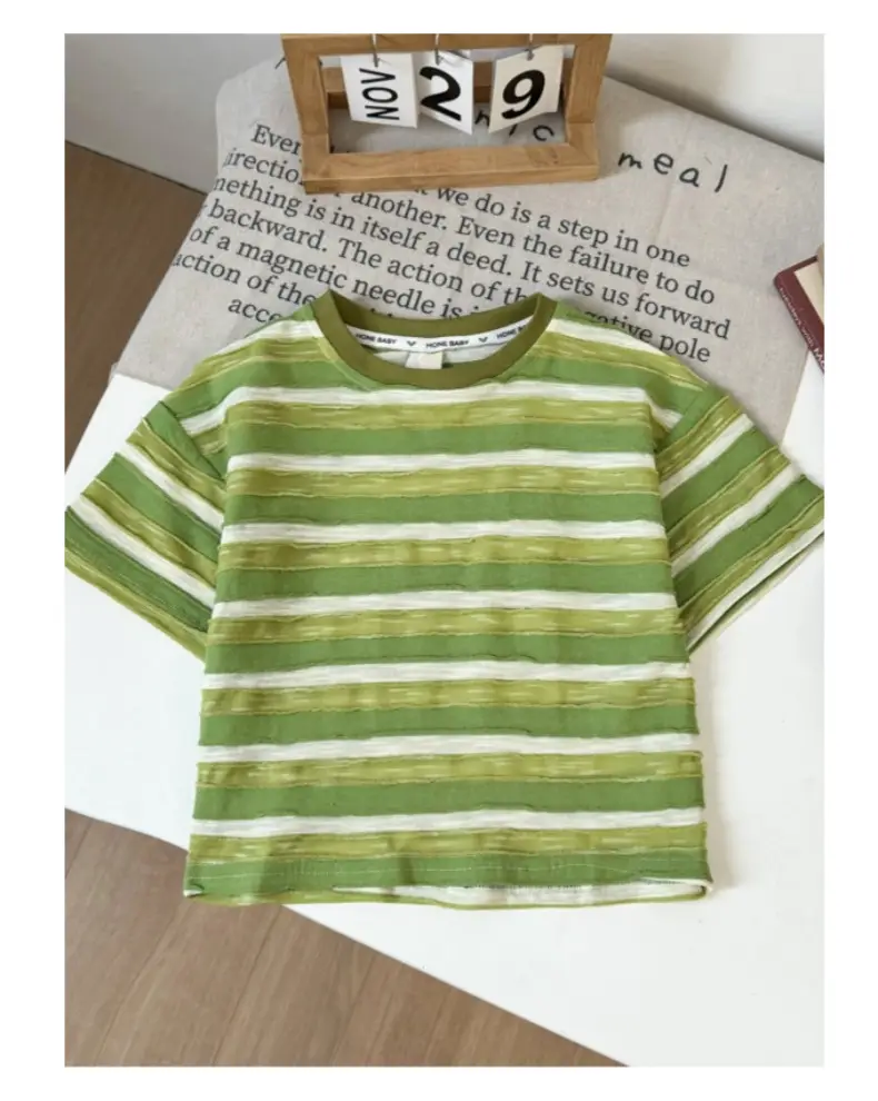 Boys Green Striped Short Sleeve Suit with Denim Shorts 2026 — feature 14