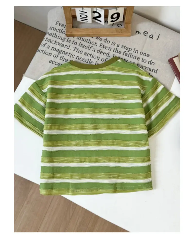 Boys Green Striped Short Sleeve Suit with Denim Shorts 2026 — feature 15