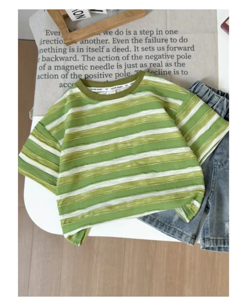 Boys Green Striped Short Sleeve Suit with Denim Shorts 2026 — feature 16