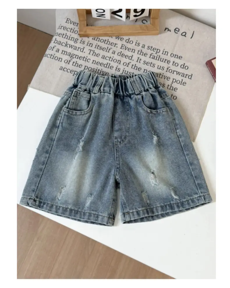 Boys Green Striped Short Sleeve Suit with Denim Shorts 2026 — feature 17