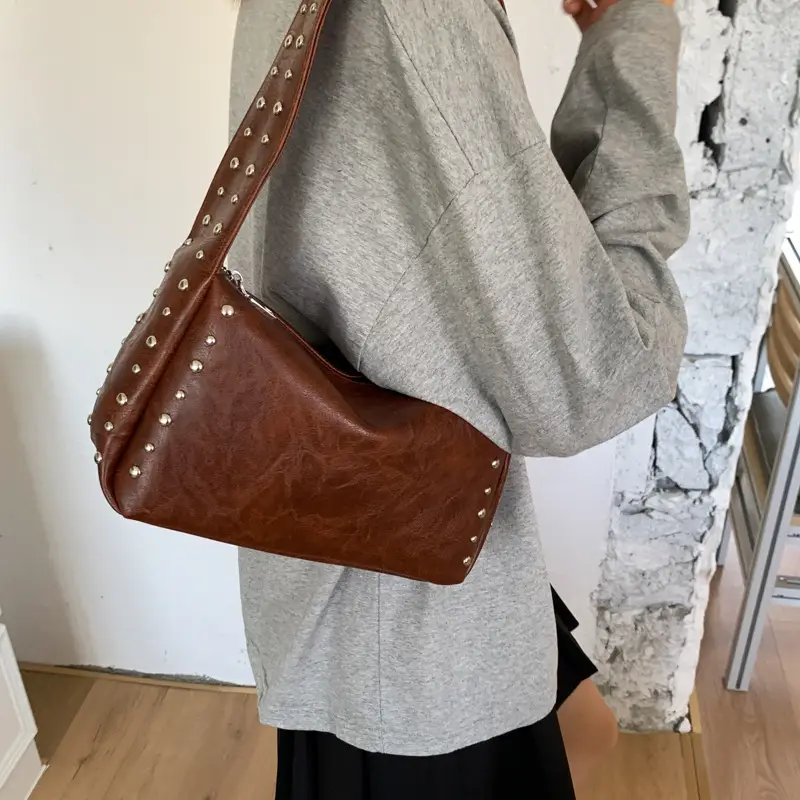 Retro Rivet Shoulder Bag for Women Soft Leather Casual Crossbody - Image 7
