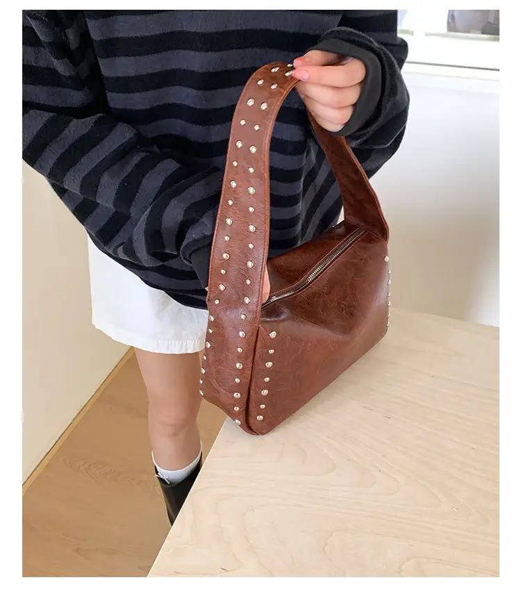 Retro Rivet Shoulder Bag for Women Soft Leather Casual Crossbody — feature 24