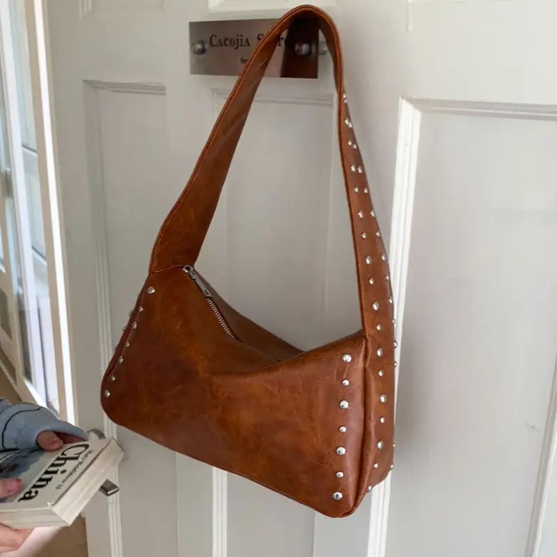 Retro Rivet Shoulder Bag for Women Soft Leather Casual Crossbody - Image 2