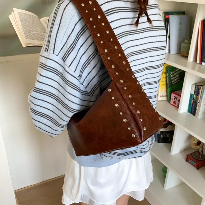 Retro Rivet Shoulder Bag for Women Soft Leather Casual Crossbody - Image 3