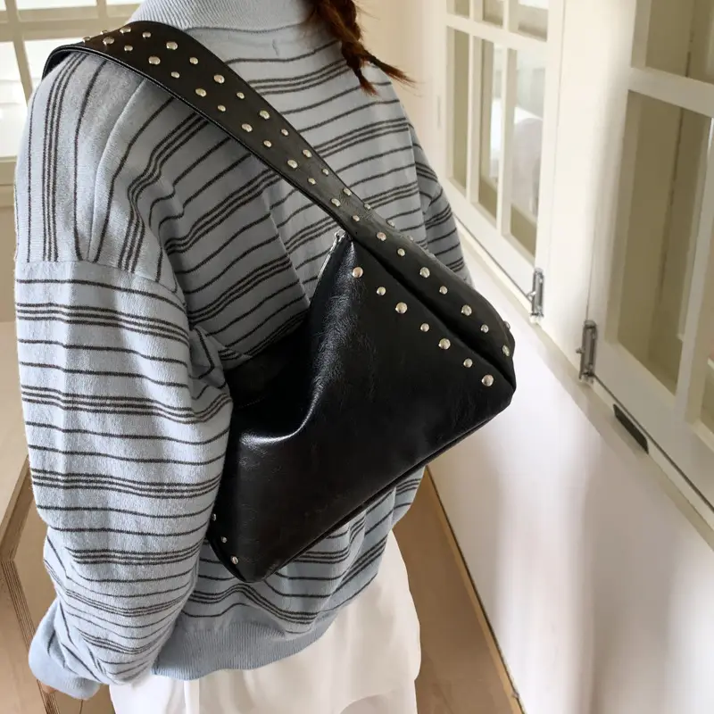 Retro Rivet Shoulder Bag for Women Soft Leather Casual Crossbody - Image 4
