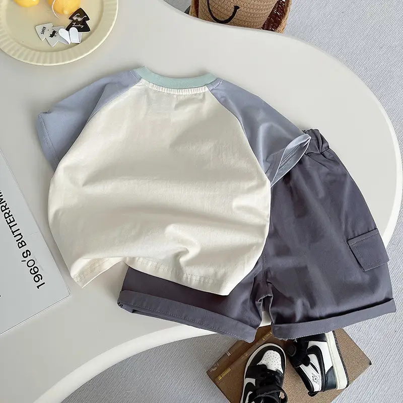 Kids Cartoon Print Short Sleeve Suit Grey White Shorts Set - Image 2