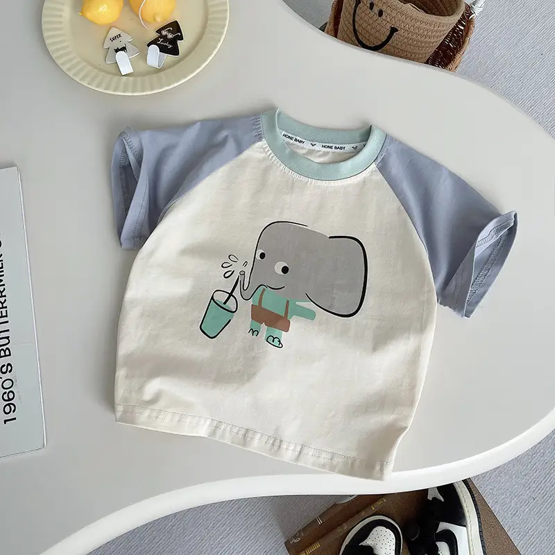 Kids Cartoon Print Short Sleeve Suit Grey White Shorts Set - Image 3