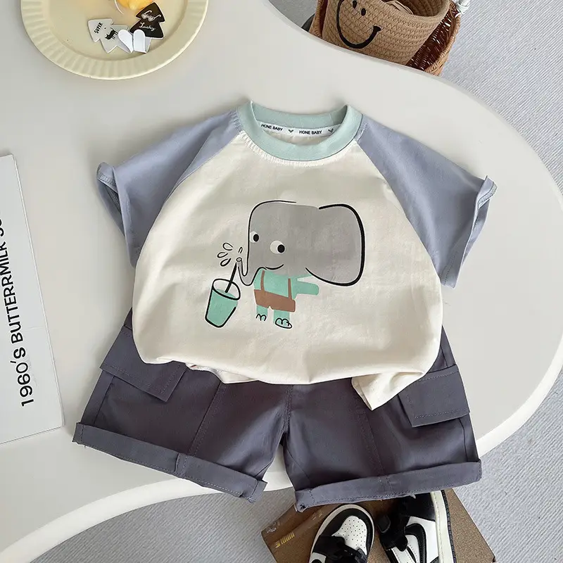 Kids Cartoon Print Short Sleeve Suit Grey White Shorts Set - Image 5
