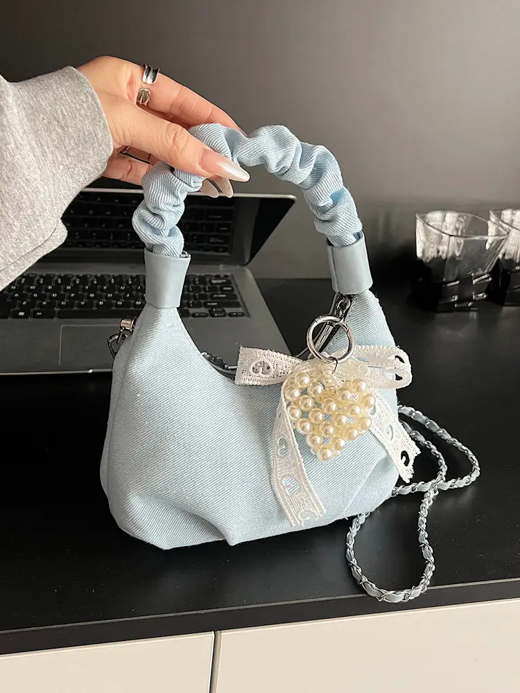 Light Blue Pearl Embroidered Handbag for Women - Image 3