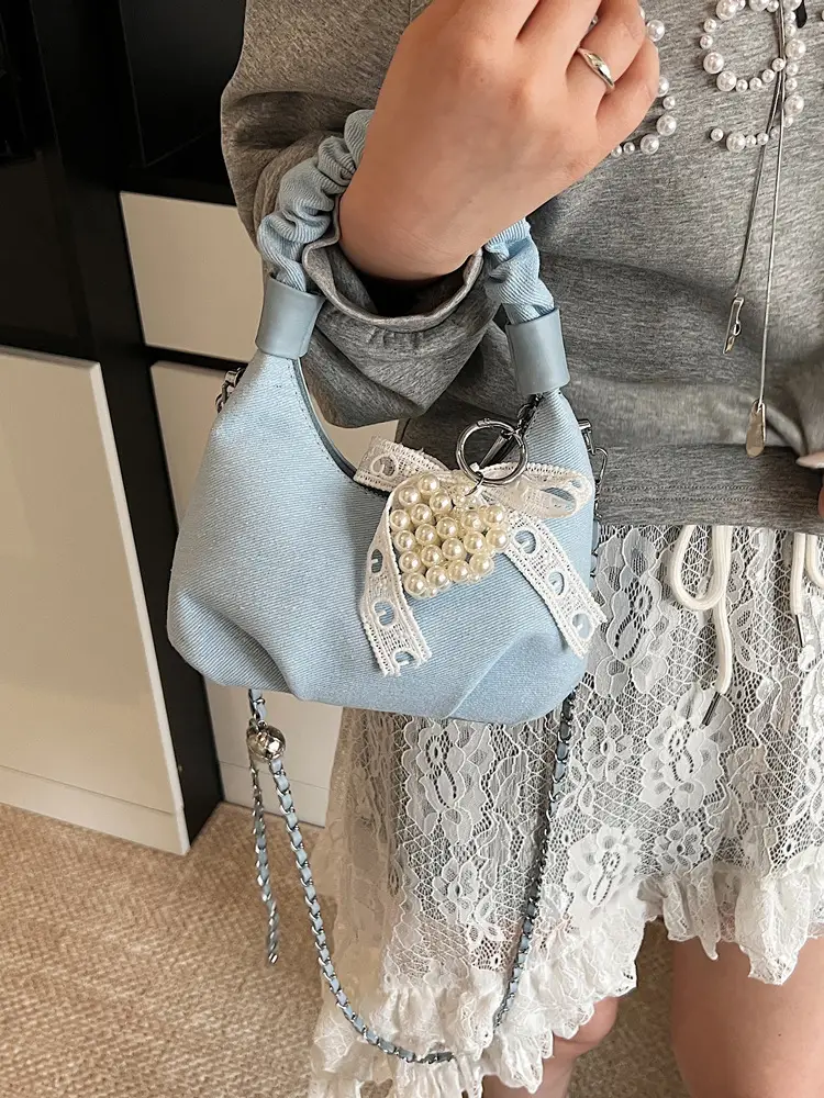 Light Blue Pearl Embroidered Handbag for Women - Image 4