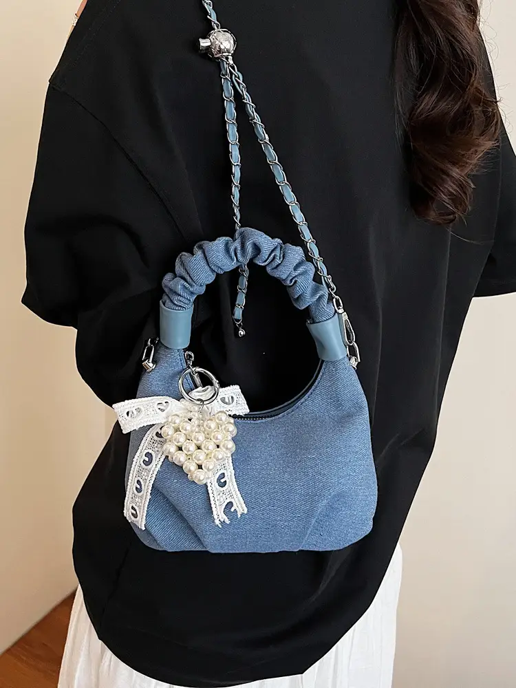 Light Blue Pearl Embroidered Handbag for Women - Image 5