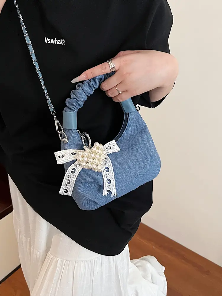Light Blue Pearl Embroidered Handbag for Women - Image 6